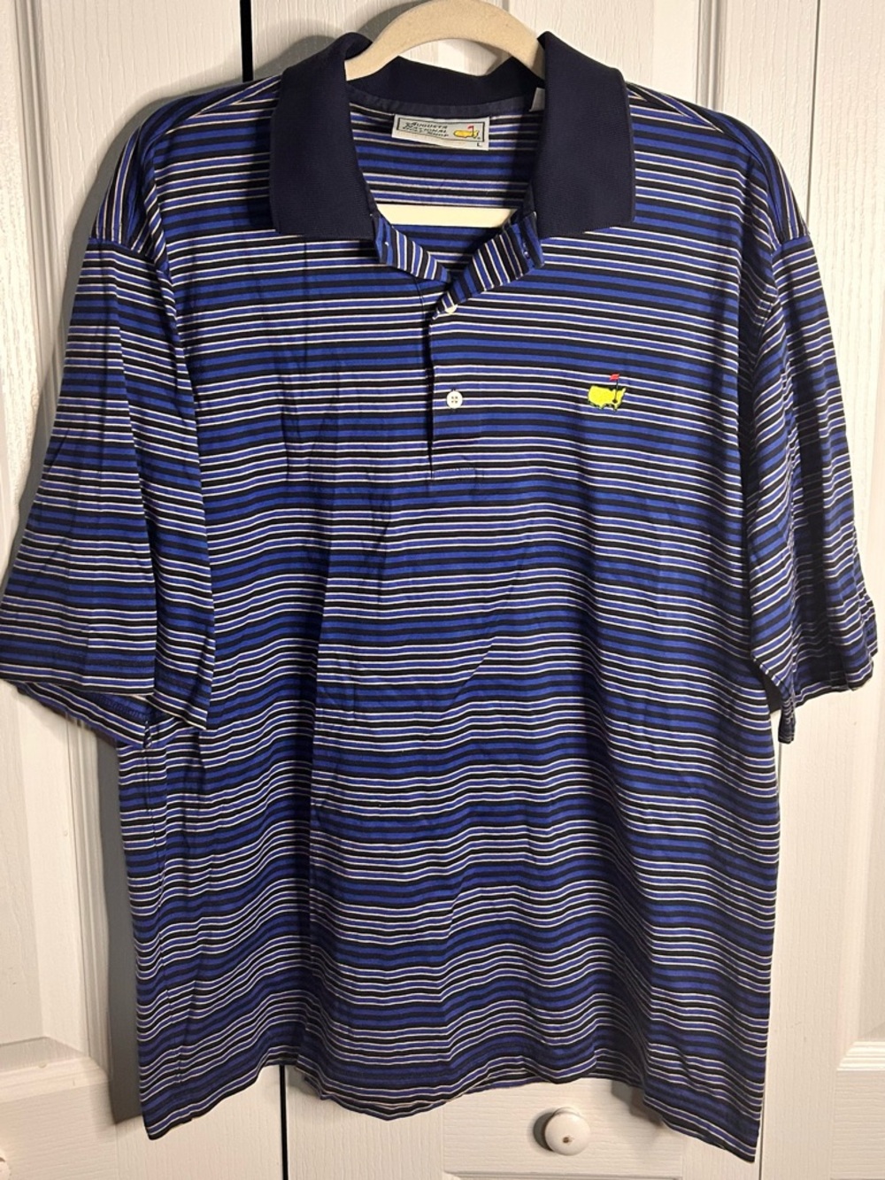 Masters Men’s Polo Blue White Striped Golf Augusta National Logo L Cotton